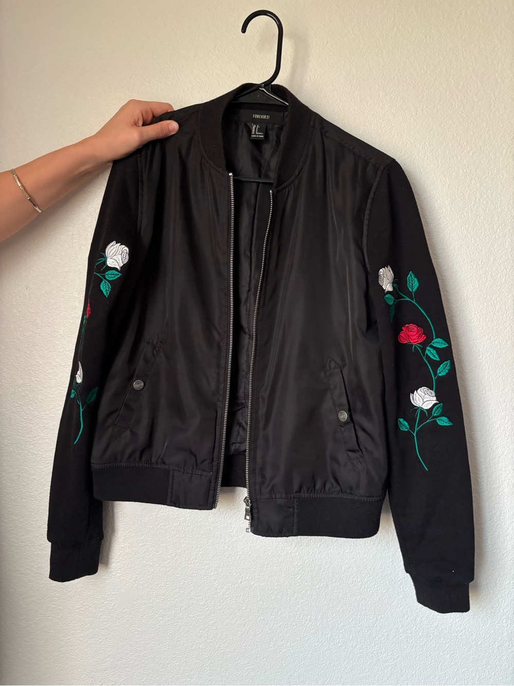 Forever 21 Black Bomber Jacket with Red, White & Green Rose Embroidery